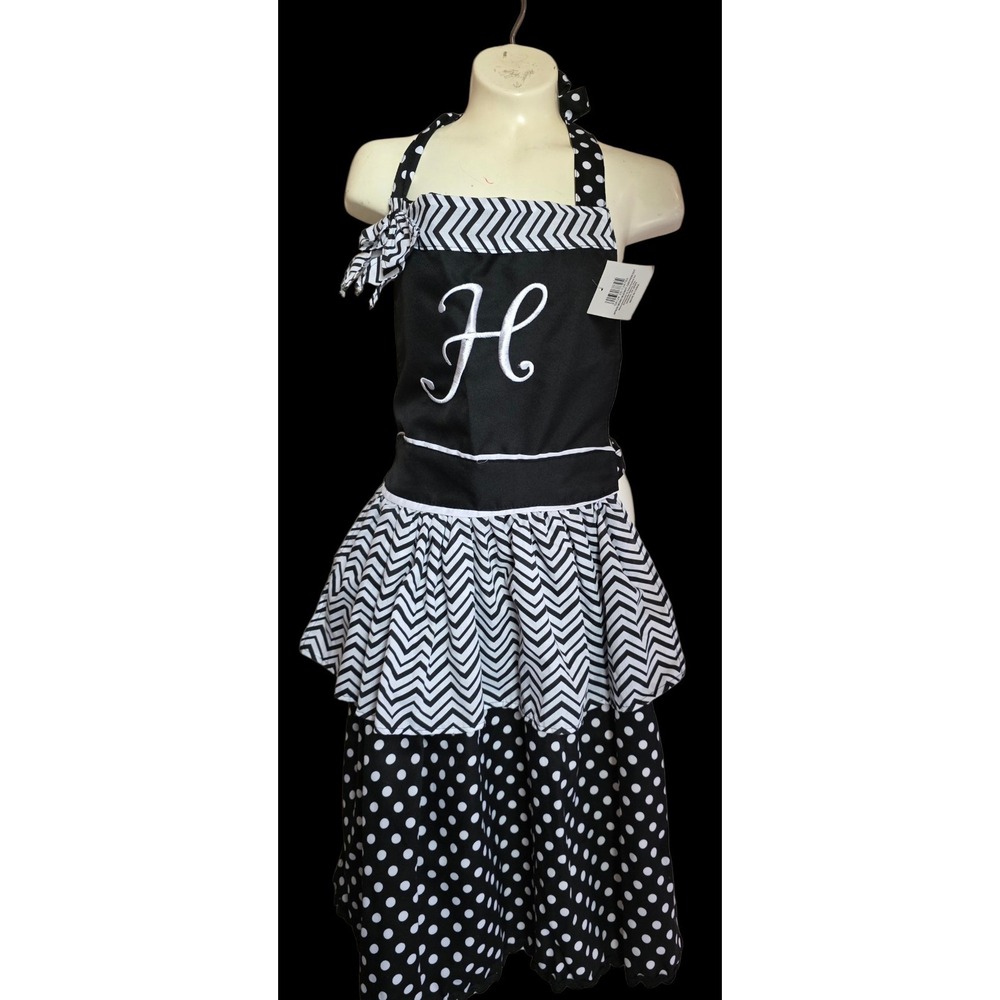 Kirklands Monogram  H Black Polka Dot Retro Ruffle Side Vtg Cooking Aprons NWT